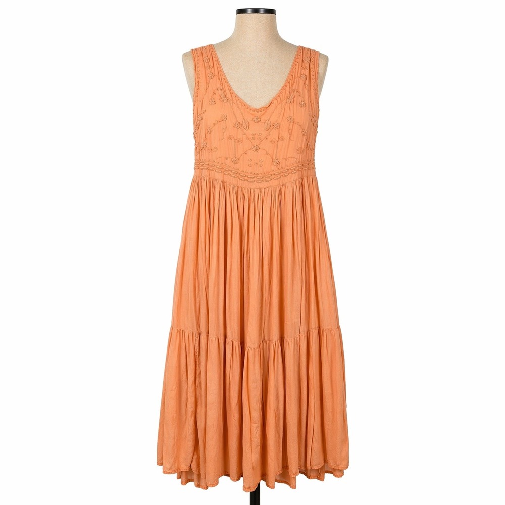 Vintage FADS Embroidered Tiered Maxi Dress Size L Orange Boho Cottagecore Indie